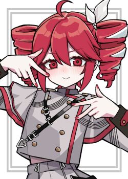 1girl ahoge buttons closed_mouth double-breasted double_w drill_hair grey_jacket grey_skirt hair_between_eyes jacket kasane_teto kasane_teto_(sv) long_sleeves looking_at_viewer nyanzai-sensei red_eyes red_hair red_nails skirt smile solo synthesizer_v twin_drills upper_body utau w