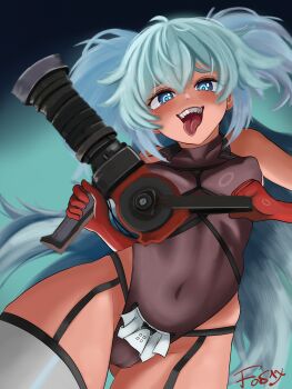 Rule 34 | 1girl, :p, absurdres, bare shoulders, blue eyes, blue hair, blush, breasts, commentary request, covered erect nipples, covered navel, crazy smile, detached collar, excited, florence (girls' frontline 2), fos1x, from below, garter straps, girls' frontline, girls' frontline 2: exilium, gloves, gun, hair between eyes, hands up, heart, heart-shaped pupils, highleg, highleg leotard, highres, hip focus, holding, holding gun, holding weapon, leotard, long hair, looking at viewer, looking down, medi gun, medium breasts, pa-15 (girls' frontline), red gloves, sideboob, skin tight, small breasts, smile, solo, symbol-shaped pupils, team fortress 2, teeth, thighs, tongue, tongue out, upper teeth only, very long hair, weapon