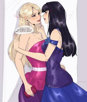 Rule 34 | 2girls, barbie: a fairy secret, barbie (character), barbie (franchise), black hair, blonde hair, blue dress, breasts, cleavage, commentary, dress, english commentary, english text, grabbing another's chin, hand on another's chin, heart, highres, imminent kiss, long hair, multiple girls, neck, raquelle (barbie), red lips, seijousai, speech bubble, strapless, strapless dress, yuri