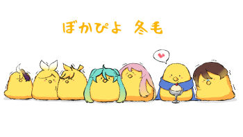 >_< 2boys 5girls animalization baby_animal bird black_hair blue_hair brown_hair cherry chick closed_eyes commentary_request flower_(vocaloid) flower_(vocaloid4) food fruit highres ice_cream kagamine_len kagamine_rin kaito_(vocaloid) megurine_luka meiko_(vocaloid) multicolored_hair multiple_boys multiple_girls no_humans pink_hair scarf toriten3027 translation_request trembling twintails vocaloid white_hair