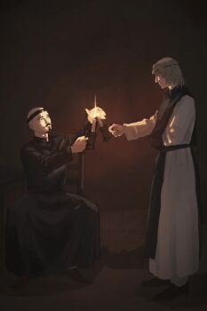 Rule 34 | 2boys, badeni, black hair, black shoes, black tabard, blonde hair, candle, candlelight, chi.: chikyuu no undou ni tsuite, clerical collar, closed mouth, eyepatch, facial hair, fire, grabowski, highres, holding, holding candle, looking at another, male focus, mede teru, multiple boys, mustache, scar, scar on face, shoes, sitting, standing, tabard, tonsure