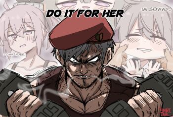 1boy 1girl artist_name barbell beret brown_hair cheek_pinching clenched_teeth commander_(girls'_frontline) do_it_for_her_(meme) english_text exercising girls'_frontline grey_hair griffin_&amp;_kryuger_military_uniform hat highres m200_(girls'_frontline) m200_(war_correspondent)_(girls'_frontline) meme muscular muscular_male pinching purple_eyes serious smart_oval teeth weightlifting