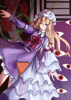 1girl absurdres bow bowtie closed_eyes closed_mouth collared_dress commentary contrast_collar dress dual_persona falling frilled_dress frills gap_(touhou) hair_between_eyes hair_bow hat hat_ribbon highres long_dress long_hair long_sleeves maribel_hearn mob_cap multiple_hair_bows purple_dress purple_tabard red_bow red_bowtie red_ribbon ribbon sash short_hair sleeve_garter spica0831mint tabard touhou white_dress white_hat white_sash wide_sleeves yakumo_yukari