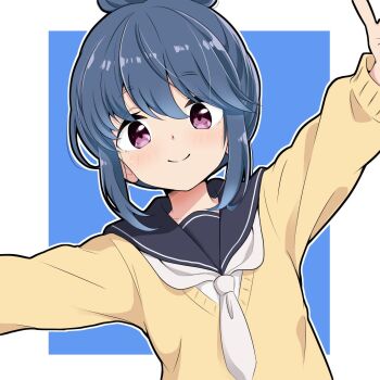 1girl azumawari_(azumofu) black_sailor_collar blue_hair blush border closed_mouth commentary hair_bun long_sleeves looking_at_viewer motosu_school_uniform neckerchief outline outside_border outstretched_arms purple_eyes sailor_collar school_uniform shima_rin sidelocks single_hair_bun smile solo split_mouth spread_arms sweater symbol-only_commentary upper_body white_border white_neckerchief white_outline yellow_sweater yurucamp