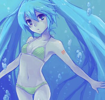1girl air_bubble bad_drawr_id bad_id bare_arms bare_shoulders bikini blue_hair breasts bubble cleavage collarbone green_bikini green_eyes groin hair_between_eyes hatsune_miku long_hair navel number_tattoo saikachi_(ogre_tree) small_breasts solo striped_bikini striped_clothes swimsuit tattoo twintails underwater very_long_hair vocaloid
