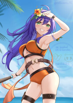 1girl ahoge arm_up armpits bikini blue_sky blush breasts cloud fire_emblem fire_emblem:_path_of_radiance fire_emblem:_radiant_dawn fire_emblem_heroes flower flower_armlet from_below green_eyes grin hair_flower hair_ornament highres large_breasts long_hair looking_at_viewer mia_(fire_emblem) mia_(summer)_(fire_emblem) navel nintendo ocean official_alternate_costume open_mouth orange_bikini orange_flower outdoors purple_hair sideboob skindentation sky smile stomach swimsuit takaneko teeth thigh_strap thighs underboob water