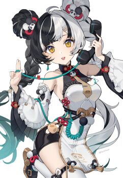 1girl ahoge animal_print bear_print braid braided_twintails breasts chinese_clothes commentary corded_phone detached_sleeves dialyn_(zenless_zone_zero) earrings hair_bun hair_ornament hairclip highres jewelry medium_breasts multicolored_hair necktie panda panda_hair_ornament panda_print phone shoes solo split-color_hair tassel teeth upper_teeth_only usamochi. wire yellow_eyes zenless_zone_zero