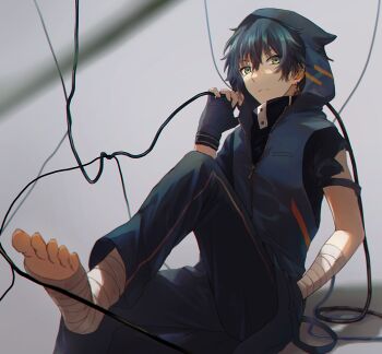 Rule 34 | 1boy, bandaged arm, bandaged leg, bandages, barefoot, black gloves, black hair, black pants, black shirt, blue hoodie, breast pocket, cable, closed mouth, commentary, fingerless gloves, gloves, green eyes, grey background, hair between eyes, hand in pocket, hand up, holding, holding cable, hood, hoodie, leg up, looking at viewer, male focus, original, pants, pocket, rune (rne at), shadow, shirt, short hair, short sleeves, simple background, sitting, sleeveless, sleeveless hoodie, solo, turtleneck, turtleneck shirt, untranslatable commentary, zipper