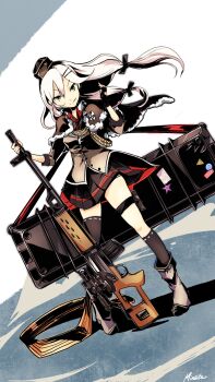 1girl black_skirt dragunov_svd girls'_frontline gun highres long_hair mineta_naoki rifle simple_background skirt smile sniper_rifle solo standing svd_(girls'_frontline) twintails very_long_hair weapon white_hair yellow_eyes
