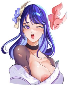 1girl absurdres alternate_breast_size_(larger) black_choker blue_pupils blunt_bangs blush breast_slip breasts bridal_gauntlets choker cleavage clothing_cutout collarbone commentary english_commentary genshin_impact gradient_hair hair_ornament highres huge_breasts japanese_clothes kimono large_breasts long_hair looking_to_the_side mole mole_under_eye multicolored_eyes multicolored_hair naughty_face off_shoulder one_eye_closed open_mouth ping7751 puffy_nipples purple_eyes purple_kimono raiden_shogun shade shoulder_cutout sideboob simple_background solo_focus teeth torn_clothes upper_body upper_teeth_only white_background yae_miko yae_miko_(fox)