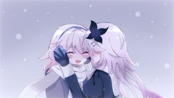 2girls ^_^ blush closed_eyes dual_persona evernight_(honkai:_star_rail) flower gloves hair_flower hair_ornament hands_on_another&#039;s_face hashtag-only_commentary headpiece honkai:_star_rail honkai_(series) long_hair march_7th_(honkai:_star_rail) multiple_girls pink_hair scarf sei10_bidoku snowflakes very_long_hair yuri