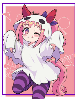 1girl absurdres animal_ears blush bow ear_bow ear_covers flower-shaped_pupils flower_in_eye ghost hairband halloween haru_urara_(umamusume) headband highres horse_ears horse_girl horse_tail long_hair looking_at_viewer mem_chi pink_eyes pink_hair pink_headband ponytail red_headband shirt smile solo symbol-shaped_pupils symbol_in_eye tail umamusume