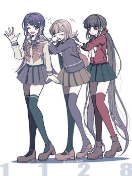 3girls black_hair blue_eyes blue_hair blunt_bangs blush bow bowtie breasts brown_hair brown_skirt collared_shirt commentary_request danganronpa:_trigger_happy_havoc danganronpa_(series) danganronpa_2:_goodbye_despair danganronpa_v3:_killing_harmony drooling flipped_hair hair_ornament hair_scrunchie hairclip harukawa_maki highres hood jacket long_hair long_sleeves looking_at_viewer low_twintails maizono_sayaka medium_hair mole mole_under_eye mouth_drool multiple_girls nanami_chiaki neck_ribbon nose_bubble open_clothes open_jacket open_mouth pink_bag pink_bow pink_bowtie pink_ribbon pleated_skirt red_eyes red_scrunchie red_shirt revision ribbon sailor_collar satori_(aosky9077) school_uniform scrunchie serafuku shirt skirt sleeping sleeping_upright smile squeans thighhighs twintails very_long_hair white_shirt zettai_ryouiki