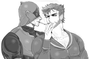 2boys beard bite_mark bite_mark_on_neck blush bodysuit chest_hair cigarette cigarette_kiss deadpool deadpool_&amp;_wolverine deadpool_(series) facial_hair hashtag-only_commentary highres jacket k4nc_wolverine large_pectorals long_sleeves male_focus marvel marvel mask mask_lift mouth_hold multiple_boys muscular muscular_male pectorals scar scars_all_over short_hair smoke smoking too_many twitter_username wolverine_(x-men) x-men yaoi