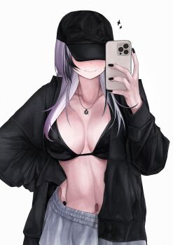 1girl alternate_costume baseball_cap bikini bikini_top_only black_bikini black_hair black_hat black_jacket black_nails breasts cellphone grey_hair grey_pants hat highres holding holding_phone hololive hololive_english jacket jewelry large_breasts long_hair multicolored_hair navel necklace pants phone shiori_novella simple_background smartphone solo sweatpants swimsuit two-tone_hair unmeidesu virtual_youtuber white_background