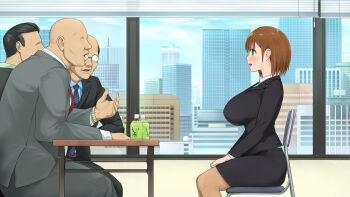 1girl 3boys black_hair breasts brown_hair chair dark-skinned_male dark_skin glasses green_eyes interview multiple_boys office office_chair open_mouth short_hair someoka_yusura swivel_chair