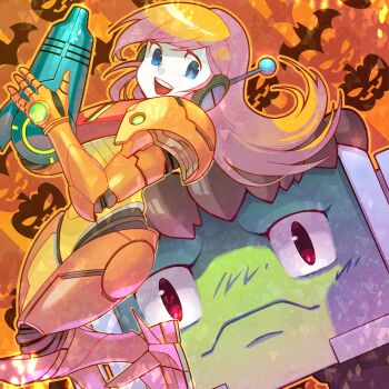 1boy 1girl android arm_cannon armor artist_request balrog_(cave_story) blonde_hair blue_eyes colored_skin commentary cosplay curly_brace doukutsu_monogatari dutch_angle english_commentary eyelashes full_armor halloween halloween_costume highres looking_at_another looking_at_viewer metroid metroid_(creature) metroid_(creature)_(cosplay) nintendo october official_art open_mouth orange_armor orange_background power_armor power_suit_(metroid) pumpkin_background red_eyes robot_boy robot_ears samus_aran samus_aran_(cosplay) second-party_source shoulder_pads teeth upper_teeth_only varia_suit warm_colored weapon white_skin