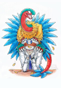 1boy archeops blue_feathers choochooboss emmet_(pokemon) fangs feathers gen_5_pokemon gloves hat jacket nintendo on_head open_mouth pokemon pokemon_(creature) pokemon_bw pokemon_on_head simple_background smile tail white_background white_gloves white_hat white_jacket