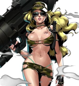1girl aqua_panties artist_request black_gloves blonde_hair breast_tattoo breasts camouflage camouflage_bikini_top camouflage_hat camouflage_shorts cap choker earrings fingerless_gloves glasses gloves holding holding_weapon jewelry julia_(metal_slug) knife knife_sheath large_breasts lipstick long_hair makeup metal_slug metal_slug_attack midriff navel official_art panties pink_lips pink_nails sheath shorts simple_background smoke solo stomach sunglasses tagme tattoo thighs underwear weapon white_background