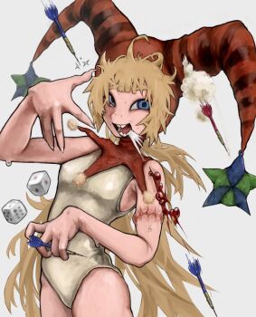 000v666 1girl blonde_hair blood blue_eyes breasts cowboy_shot dart dice hand_up hat highres injury jester_cap leotard long_hair looking_at_viewer open_mouth original red_hat scar scar_on_arm simple_background small_breasts solo standing very_long_hair white_leotard