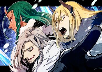 Rule 34 | 1girl, 2boys, :o, black gloves, black horns, braid, coat, einar (pixiv fantasia last saga), facial hair, fur coat, gloves, green hair, grey hair, horns, lalwa the red demon, long hair, multiple boys, pixiv fantasia, pixiv fantasia last saga, pointy ears, red eyes, sigtor the fang axe, snowing, sou- -you, stubble, yellow eyes