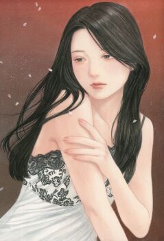 Rule 34 | 1girl, bare shoulders, black eyes, black hair, commentary request, dress, expressionless, highres, kondo yuika, long hair, looking to the side, original, petals, solo, traditional media, upper body, white dress