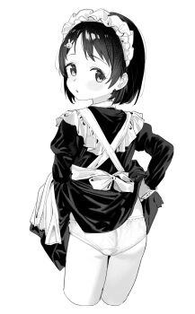 1girl absurdres ass clothes_lift commentary_request crotch_seam djheycha dress dress_lift greyscale highres idolmaster idolmaster_cinderella_girls loli maid maid_headdress monochrome panties sasaki_chie short_hair simple_background solo underwear white_background