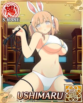 1girl :o ace_(playing_card) ace_of_spades animal_ears arm_behind_back bikini blackjack_(game) blackjack_table blush border breasts bright_pupils card card_(medium) casino chair character_name cleavage fake_animal_ears five_of_spades front-tie_bikini_top front-tie_top game_cg gluteal_fold grey_eyes grey_hair headphones high_heels holding holding_weapon holding_whip huge_breasts linea_alba looking_at_viewer medium_hair micro_bikini monitor navel official_art on_table open_mouth orange_hair parted_lips playboy_bunny playing_card poker_chip rabbit_ears senran_kagura senran_kagura_new_wave seven_of_spades shoes short_hair short_twintails solo spade_(shape) stomach swimsuit table third-party_source three_of_spades twintails underboob ushimaru_(senran_kagura) weapon whip white_bikini white_pupils white_shoes