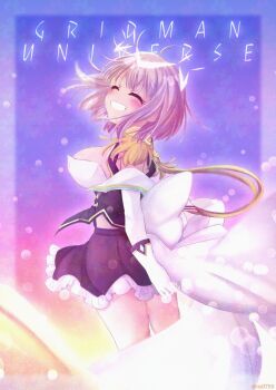 1girl artist_name back_bow blush bow breasts closed_eyes commentary copyright_name detached_sleeves elbow_gloves english_text epaulettes frilled_skirt frills gloves gridman_universe gridman_universe_(movie) grin halo large_breasts medium_hair open_mouth purple_background purple_hair purple_skirt rin0755 shinjou_akane shinjou_akane_(new_order) shirt skirt smile solo ssss.gridman white_bow white_gloves white_halo