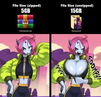 1girl ahoge android before_and_after black_skin breast_expansion breasts bursting_breasts cleavage closed_eyes colored_skin down_jacket english_text facial_mark gattles green_eyes green_jacket grey_skin high-waist_pants huge_breasts jacket joints midriff multicolored_skin no_bra one_eye_closed pants personification pink_hair robot_joints short_eyebrows short_hair solo two-tone_skin undersized_clothes unzipping winrar zip_file_(object) zipper_pull_tab