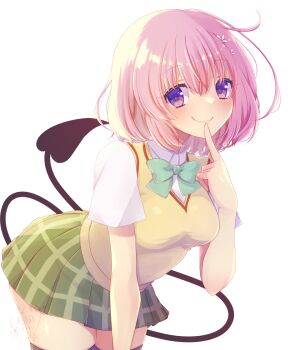 1girl artist_request blush bow bowtie breasts closed_mouth demon_tail finger_to_mouth green_bow green_bowtie hair_between_eyes highres looking_at_viewer medium_breasts momo_velia_deviluke pink_hair purple_eyes sainan_high_school_uniform school_uniform short_hair smile solo summer_uniform sweater_vest tail thighhighs to_love-ru to_love-ru_darkness vest yellow_sweater_vest yellow_vest zettai_ryouiki