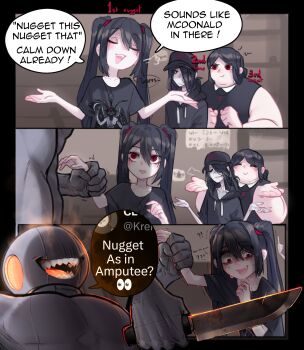 !? 1boy 3girls :> absurdres baseball_cap black_hair bone_waifu_(popopoka) borrowed_character closed_eyes colored_skin comic commentary emaciated english_commentary english_text fat grabbing_another's_arm grey_skin hair_over_one_eye hat highres holding holding_knife knife krekkball meat_waifu_(popopoka) multiple_girls nugget_waifu_(popopoka) obese original popopoka pout profile red_eyes scared shaded_face shirt sweat t-shirt twintails