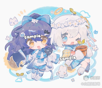 2girls :d ;d bai_xiong_nailaojuan blue_bow blue_eyes blue_sailor_collar blue_scarf blue_skirt blush_stickers boots bow chibi chibi_only double-parted_bangs flower_pot full_body hair_between_eyes hair_bow head_wreath highres holding holding_flower_pot long_hair long_sleeves looking_at_viewer mihuashi_username multiple_girls one_eye_closed open_mouth orange_shoes original pleated_skirt purple_hair sailor_collar sample_watermark scarf school_uniform serafuku shirt shoes short_hair skirt sleeves_past_fingers sleeves_past_wrists smile socks sprout striped_clothes striped_scarf thighhighs watermark white_boots white_hair white_shirt white_socks white_thighhighs yellow_eyes
