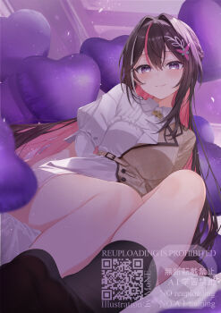 1girl absurdres ascot azki_(4th_costume)_(hololive) azki_(hololive) balloon belt black_socks blurry blurry_background blush braid brown_belt brown_hair brown_jacket closed_mouth collared_dress colored_inner_hair commentary_request dot_nose double-parted_bangs dress flower_hairclip foot_out_of_frame from_below gradient_clothes gradient_dress hair_between_eyes hair_ornament hairclip half_up_half_down_braid half_updo head_tilt heart_balloon high-low_dress high-waist_belt highres hololive indoors jacket legs_together long_hair looking_at_viewer motoi_(croa76) multicolored_hair pink_dress pink_hair pink_streaks puffy_sleeves purple_eyes sidelocks sitting skirt skirt_under_dress socks solo streaked_hair three-quarter_sleeves very_long_hair virtual_youtuber watermark white_ascot white_dress white_skirt white_streaks