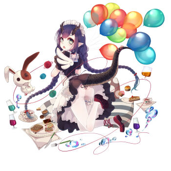 1girl ass balloon braid bubble cake cup dragon_girl dragon_horns dragon_tail drinking_glass eclair_(food) female_focus food fork full_body glass highres horns kai-ri-sei_million_arthur knife long_hair looking_at_viewer looking_back maid million_arthur_(series) muffin official_art pillow plate pointy_ears puppet saucer simple_background slit_pupils solo stuffed_animal stuffed_rabbit stuffed_toy tail teacup wait white_background wine_glass wings yarn yarn_ball