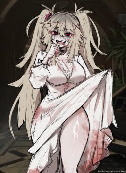 1girl blonde_hair blood blood_from_mouth blood_on_clothes blood_on_hand blood_on_mouth bloodshot_eyes bloody_clothes bloody_dress breasts cleavage clothes_lift cosplay dokidomiki dress dress_lift hand_on_own_chin highres lifting_own_clothes long_hair miki_(dokidomiki) open_mouth presenting_legs red_eyes resident_evil resident_evil_requiem selena_corey selena_corey_(cosplay) sharp_teeth solo standing teeth thick_thighs thighs white_dress wide_mouth zombie zombie_girl