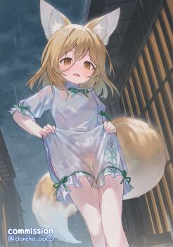 1girl absurdres animal_ears breasts brown_eyes brown_hair cloneko_(zelmeledf2) commission fox_ears fox_girl fox_tail frilled_romper frills highres kudamaki_tsukasa medium_hair open_mouth outdoors pee pee_stain peeing peeing_self rain romper skeb_commission small_breasts solo stained_clothes tail touhou variant_set wet wet_clothes white_romper