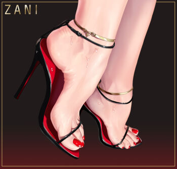 Rule 34 | 1girl, ankle strap, anklet, artist logo, barefoot, black background, black footwear, border, close-up, feet, foot focus, footwear focus, gradient background, heel up, high heels, jewelry, liang mu, logo, nail polish, red background, red footwear, red nails, sandals, soles, solo, stiletto heels, strappy heels, sweat, toe cleavage, toenail polish, toenails, toes, wet