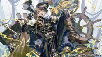 1boy :d animal_on_arm arched_crown armchair barrel belt bird bird_on_arm black_cape black_coat black_gloves black_hat black_pants boots brown_belt brown_boots brown_hair cape ch4nge_(cevio) chair cleavage_cutout clothing_cutout coat coin copyright_notice crown dolman_(jacket) fang first_stage_production fold-over_boots foot_out_of_frame fur-trimmed_cape fur_trim gale_galleon gloves gold_coin green_eyes hair_between_eyes hair_over_shoulder hat holding holding_megaphone knee_boots kura1582 lace-up_boots long_hair long_sleeves looking_at_viewer low_ponytail male_focus megaphone official_art open_mouth pants parrot peaked_cap planted planted_sword planted_weapon ponytail pouch scroll ship&#039;s_wheel sitting_sideways sleeve_cuffs smile sword teeth telescope thigh_pouch treasure_chest two-sided_cape two-sided_fabric unworn_crown virtual_youtuber weapon yellow_cape