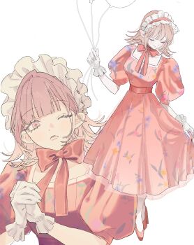 Rule 34 | 1girl, balloon, bow, bowtie, brown hair, commentary request, danganronpa (series), danganronpa 2: goodbye despair, dress, full body, gloves, headdress, highres, holding, holding balloon, medium hair, nanami chiaki, pink dress, pink eyes, puffy short sleeves, puffy sleeves, red bow, red bowtie, red shoes, seailand, shoes, short sleeves, simple background, smile, standing, white background, white gloves
