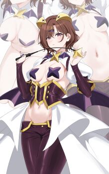Rule 34 | 1girl, absurdres, bat brooch, black corset, black pants, blush, breastless clothes, breasts, closed mouth, corset, cross, cross pasties, demon horns, demon wings, gold trim, highres, higuchi madoka, holding, holding riding crop, horns, idolmaster, idolmaster shiny colors, looking at viewer, low wings, lowleg, lowleg pants, magia baiser, medium breasts, mixed-language commentary, multiple views, nonbire, pants, pasties, puffy sleeves, purple wings, riding crop, short hair, shrug (clothing), simple background, white background, white overskirt, white shrug, wings, yellow horns, zoom layer