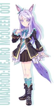 1girl animal_ears as&#039;maria black_boots black_coat black_skirt boots bow bowtie coat full_body green_socks highres horse_ears horse_girl horse_tail humanoid_robot joints long_hair long_sleeves mecha_musume mechanization mejiro_mcqueen_(umamusume) miniskirt purple_eyes robot robot_joints shirt signature skirt socks solo standing tail umamusume v-shaped_eyebrows