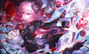 2girls absurdres black_gloves dual_persona evernight_(honkai:_star_rail) flower gloves hair_between_eyes hair_flower hair_ornament highres honkai:_star_rail honkai_(series) long_hair long_sleeves march_7th_(honkai:_star_rail) march_7th_(preservation)_(honkai:_star_rail) multiple_girls official_alternate_costume official_alternate_eye_color official_alternate_hair_length official_alternate_hairstyle parted_lips pink_hair red_eyes sanmen single_bare_shoulder smile solo_focus very_long_hair