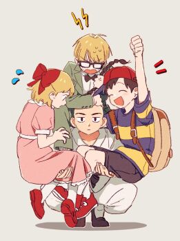 1girl 3boys arm_up bac0n_pancakes backpack bad_id bad_pixiv_id bag black_hair black_shorts blonde_hair bow bowtie braid clenched_hand closed_eyes commentary_request dress glasses green_jacket green_pants grey_background hair_bow jacket jeff_andonuts long_sleeves looking_at_another mother_(series) mother_2 multiple_boys ness_(mother_2) nintendo opaque_glasses open_mouth pants paula_(mother_2) pink_dress poo_(mother_2) red_bow red_shoes shirt shoes short_hair short_sleeves shorts sideways_hat simple_background smile striped_clothes striped_shirt sweat traditional_bowtie