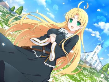 1girl ahoge asia_argento belt_pouch black_dress blonde_hair blue_sky blunt_bangs blunt_ends blush breasts building bush church cloud collar collarbone crossover day dress falling_petals field flower flower_field grass green_eyes high_school_dxd high_school_dxd_hero huge_ahoge large_breasts lens_flare light_particles light_rays long_hair looking_at_viewer mountain mountainous_horizon nun official_art open_mouth outdoors own_hands_clasped own_hands_together parted_bangs path petals pouch railing road senran_kagura senran_kagura_new_link sky smile solo stairs standing steeple sunbeam sunlight tongue tree very_long_hair white_flower white_petals yaegashi_nan