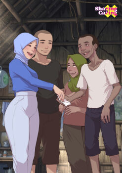 Rule 34 | 2boys, 2girls, black shirt, black shorts, blue hijab, blue shirt, brown eyes, brown pants, dark-skinned female, dark-skinned male, dark skin, english text, green hijab, grey pants, highres, hijab, hijabolic, indoors, multiple boys, multiple girls, original, pants, shirt, short hair, short sleeves, shorts, very short hair, white shirt
