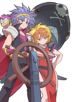 Rule 34 | 1boy, 1girl, absurdres, aircraft, artist name, black cape, black jacket, black pants, black sash, blonde hair, blue eyes, blue hair, brown hair, cape, closed mouth, commentary request, da cider, dirigible, dress, fingerless gloves, gloves, hairband, hand on own hip, heavy meta-ko, highres, jacket, k katora, leska (arara cafe au lait), looking at another, medium hair, multicolored hair, ng knight lamune &amp; 40, pants, pelvic curtain, pink gloves, pink hair, pink shirt, pointy ears, red cape, red dress, red eyes, sash, ship's wheel, shirt, short hair, shoulder pads, side slit, sleeveless, sleeveless jacket, smile, snake, spiked hair, standing, two-sided cape, two-sided fabric, two-tone hair, watermark, white background, yellow hairband