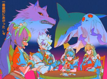 1boy 3girls alexandrina_sebastiane black_gloves black_hair butler candy card chair closed_eyes closed_mouth corin_wickes earrings ellen_joe fingerless_gloves food furrowed_brow ghost gloves hair_between_eyes holding holding_card jewelry light_brown_hair lollipop long_hair mizu_cx mole mole_under_eye multiple_girls on_chair open_mouth playing_card purple_eyes red_eyes shark shark_girl short_hair sidelocks simple_background sitting smile sweatdrop table twintails upper_body von_lycaon wolf zenless_zone_zero