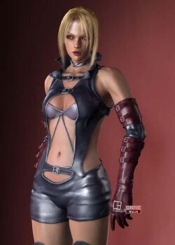 1girl 3d bad_tag blonde_hair breasts cleavage death_by_degrees female_focus gloves gradient_background helmet nina_williams official_art solo tekken tekken_2 tekken_3 tekken_4 tekken_5_(dark_resurrection) tekken_tag_tournament