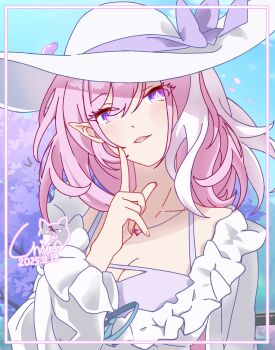 1girl blue_sky breasts cleavage commentary dated diamond-shaped_pupils diamond_(shape) dress elf elysia_(herrscher_of_human:_ego)_(honkai_impact) elysia_(honkai_impact) elysia_(summer_2025)_(honkai_impact) hat heart heart_necklace highres honkai_(series) honkai_impact_3rd jewelry kuroneko_hikari large_breasts long_hair looking_at_viewer multicolored_hair necklace official_alternate_costume parted_lips pink_hair pointy_ears purple_eyes sky solo sun_hat sundress symbol-shaped_pupils two-tone_hair upper_body very_long_hair white_dress white_hair white_hat